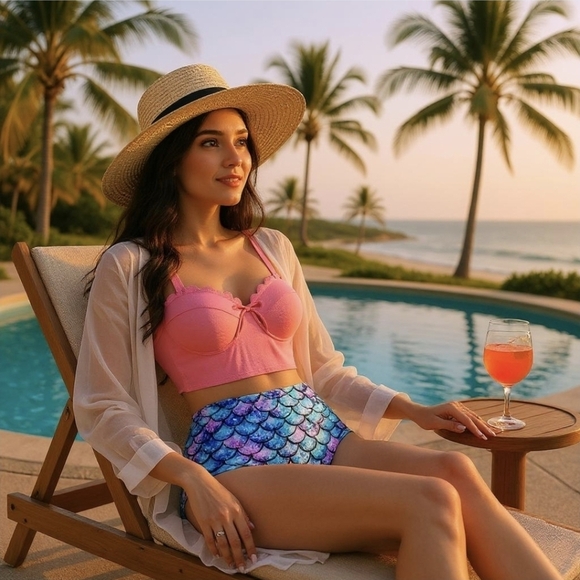 Mermaidcore ✦ Scalloped Tankini Bikini Set ✦ Pink Sweetheart Top + High-Waisted - Picture 1 of 15